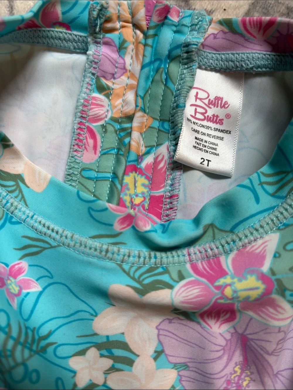 Ruffle Butts Teal Floral Long-Sleeve Rashguard One-Piece